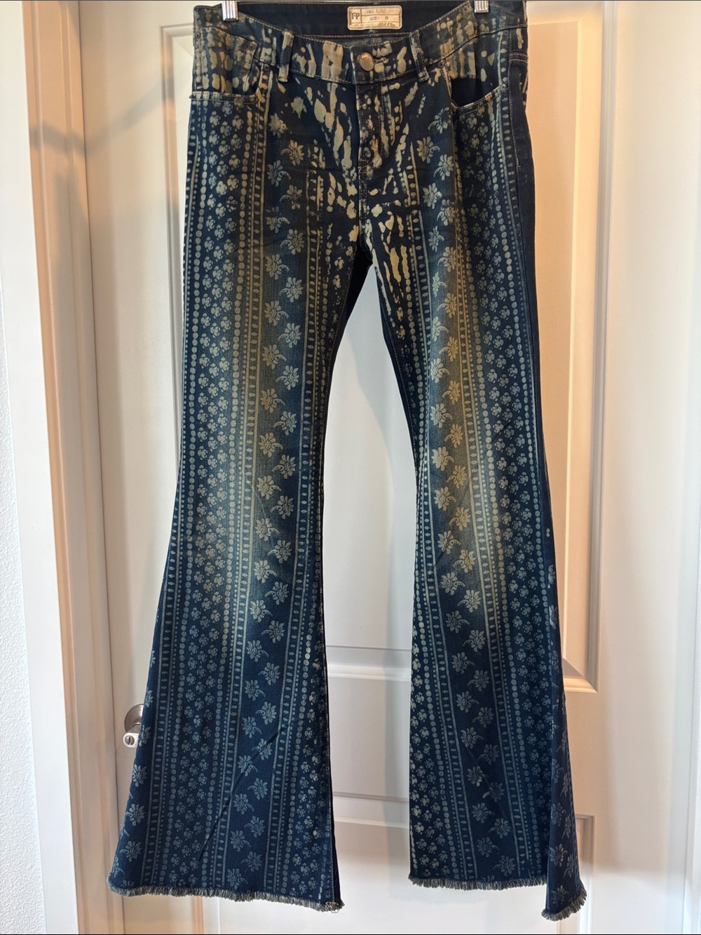 Free People Blue Printed Flare Jeans with Bleached Accents